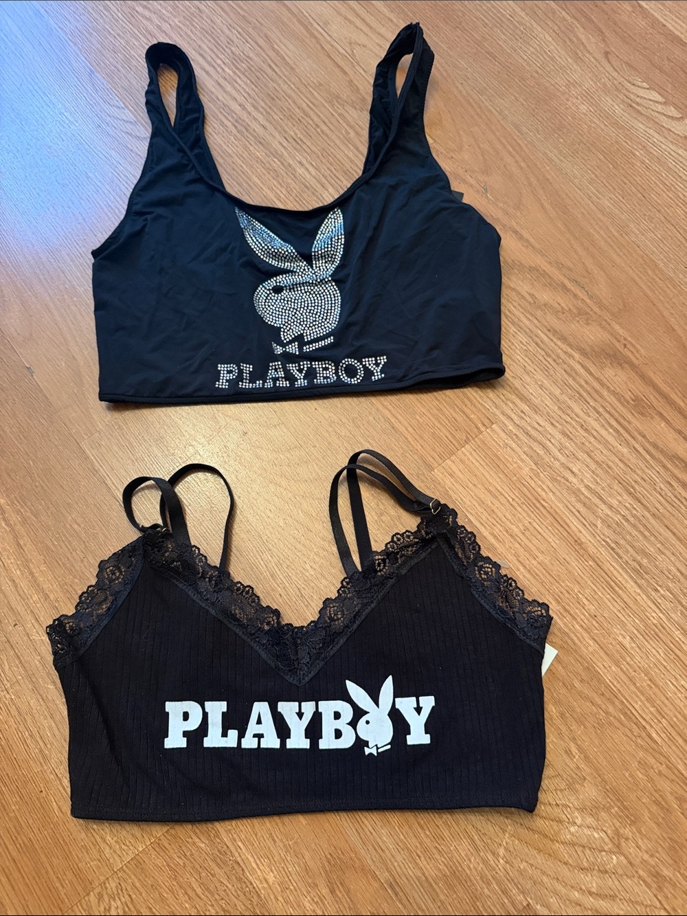 PLAYBOY Black Rhinestone & Lace Logo Bralette Duo